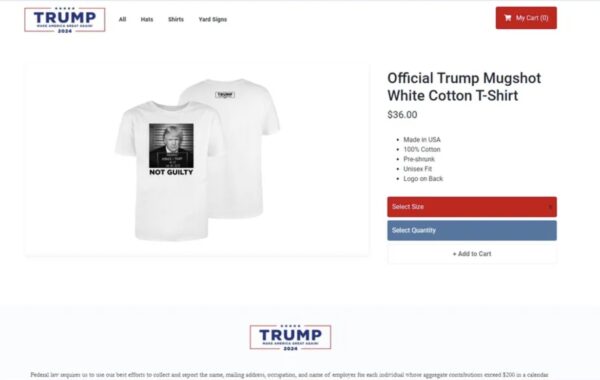 Trump mugshot Shirts for sale with fake mugshot of Trump on his online store