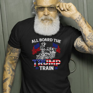 All Aboard Trump Train 2024 American Flag Trump Support T-Shirt