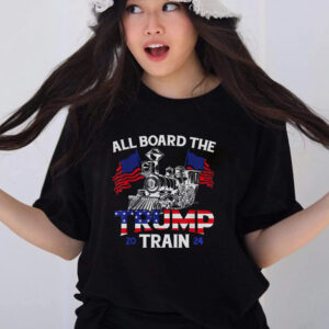 All Aboard Trump Train 2024 American Flag Trump Support T-Shirts