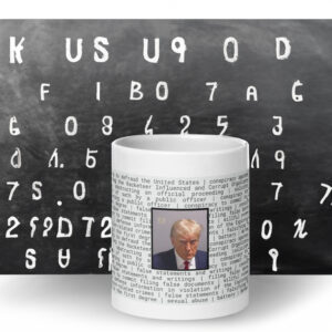 Donald Trump mugshot mug with list of indictments