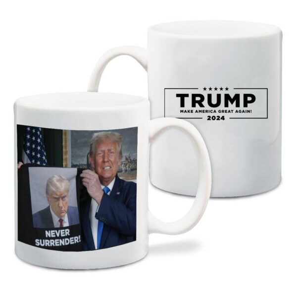 Trump Shows Off Trump Mugshot Never Surrender Coffee Mug