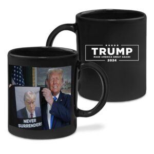 Trump Shows Off Trump Mugshot Never Surrender Coffee Mugs